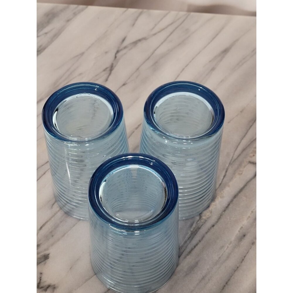 KIG Indonesia 4" Juice Glass Blue Concentric Ribbed Circular Pattern Vintage Set - Picture 9 of 13